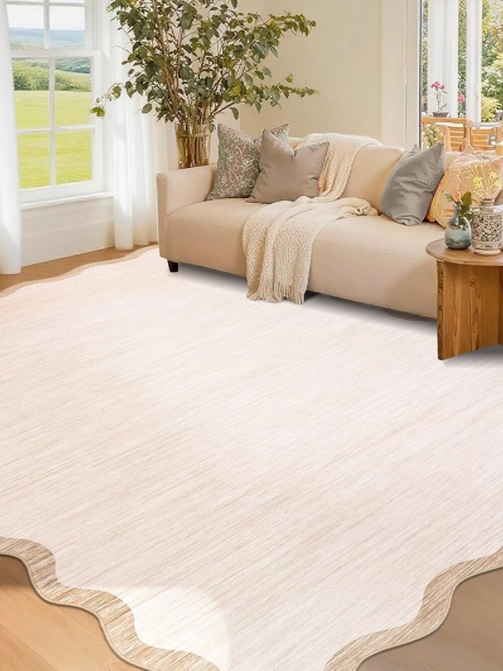 Scalloped Washable Rug 4x6, Beige Boho Living Room Area Rug, Bordered Non-Slip F